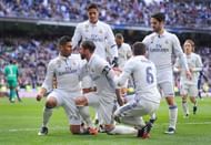 MADRID, SPAIN - JANUARY 21:  Sergio Ramos of Real Madrid celebrates with Nacho and Henrique Casemiro after scoring his team's 1st goal during the La Liga match between Real Madrid CF and Malaga CF at the Bernabeu on January 21, 2017 in Madrid, Spain.  (Photo by Denis Doyle/Getty Images)
